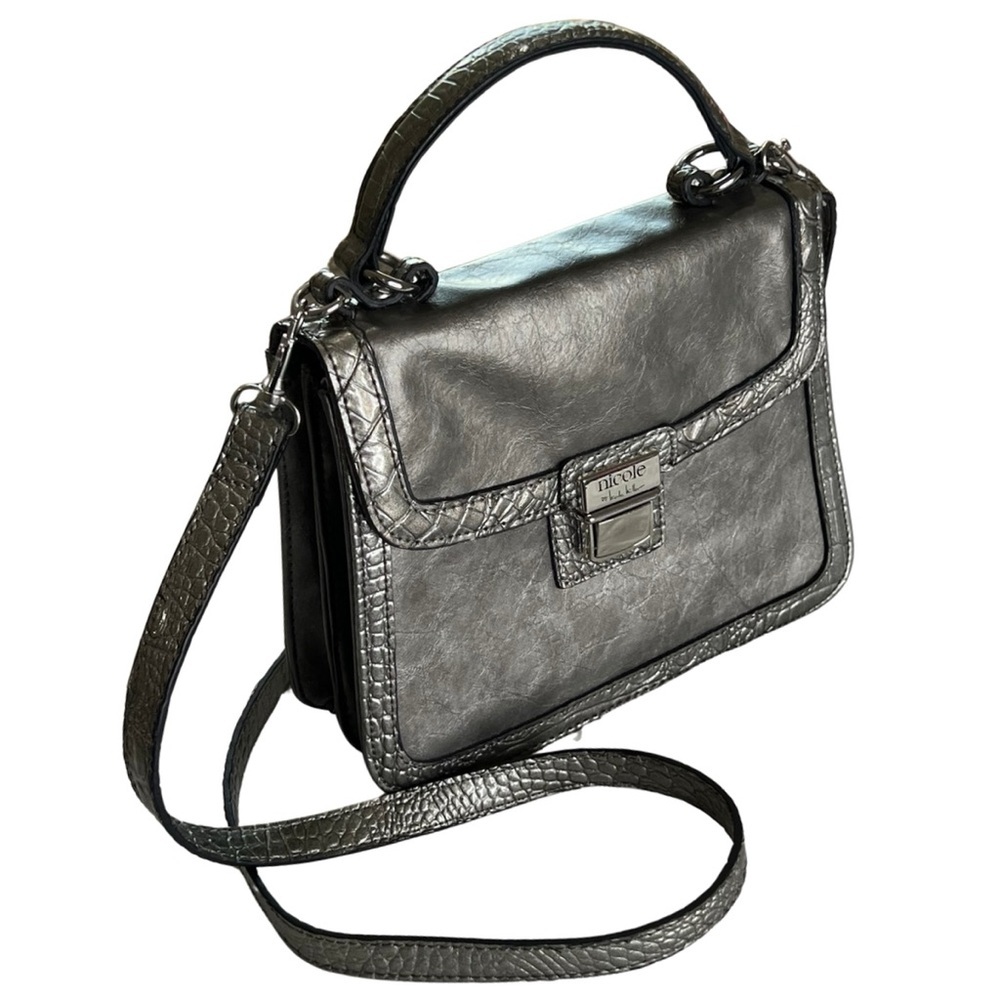 Nicole Miller Purse Crossbody Convertible Handbag Silver Pewter Gray Faux Croc